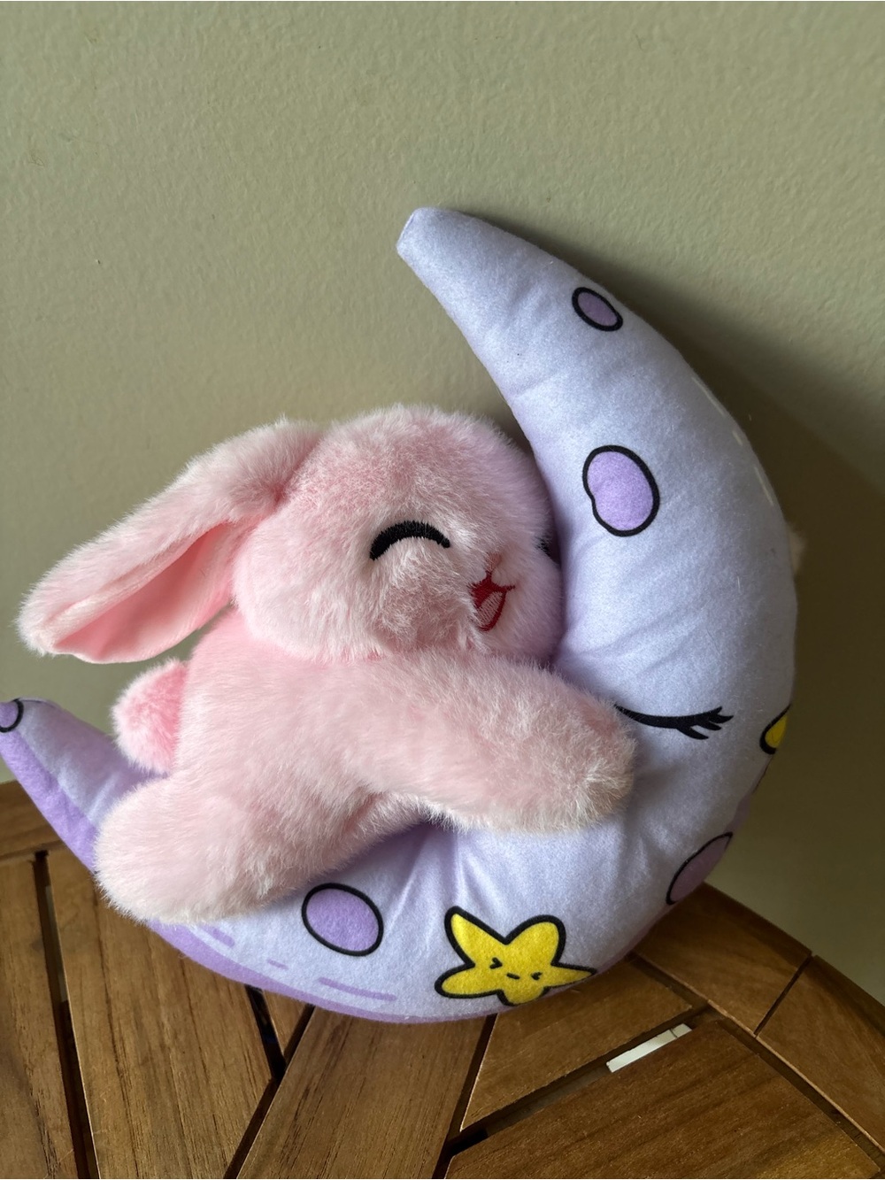Pink Bunny Plush Hugging Crescent Moon Stuffed Animal 9”x10” Embroidered